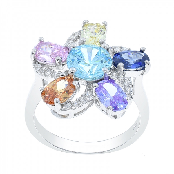 anello d'argento alla moda a forma di fiore arcobaleno 
