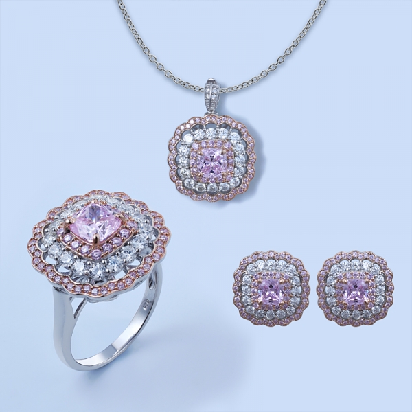 Set di gioielli in argento 925 con fiore di pizzo con cuscino forma diamante rosa cz 