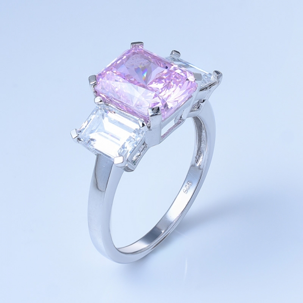 Anello in argento sterling 925 con tre pietre e diamanti rosa 