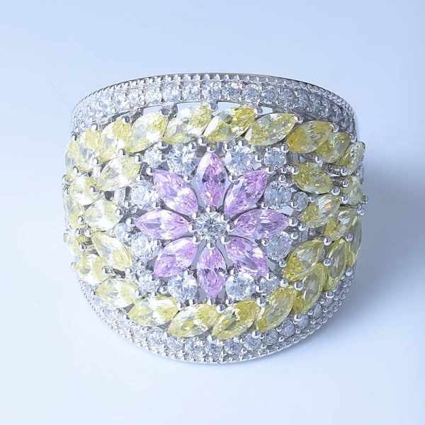 Anello fiore moda in argento sterling 925 con cz rosa / giallo 