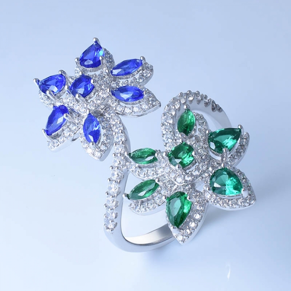 Bellissimo anello doppio fiore in argento sterling 925 con cz / nano multicolore 