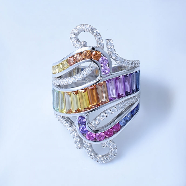 anelli d'argento d'annata di fidanzamento del corindone di colore dell'arcobaleno baguette all'ingrosso 