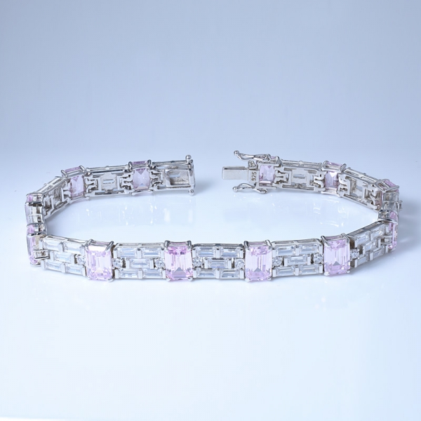 smeraldo simula rodio diamante rosa su bracciale in argento sterling 
