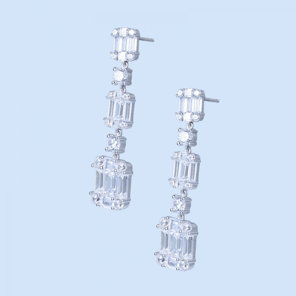Orecchini pendenti in argento sterling 925 con zirconi cubici bianchi baguette 