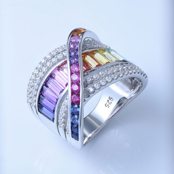 Anelli arcobaleno multicolor rodiato su argento sterling 