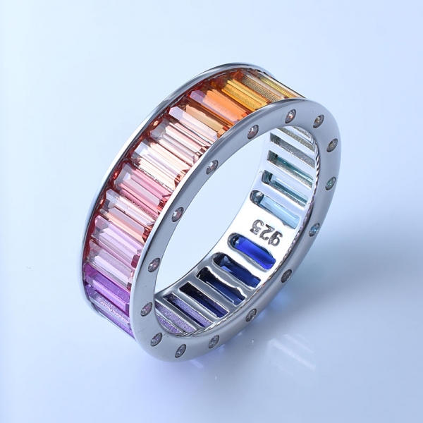 Anelli arcobaleno argento sterling 925 con taglio baguette su corindone multicolore 