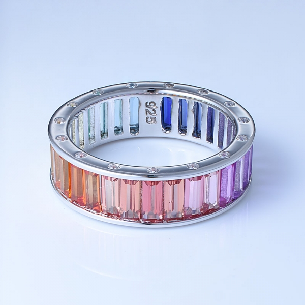 Anelli arcobaleno argento sterling 925 con taglio baguette su corindone multicolore 