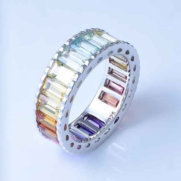 corindone rodiato multicolor con taglio baguette su anelli celebrità arcobaleno in argento sterling 