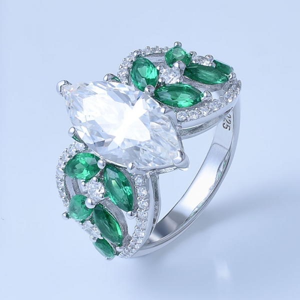 smeraldo verde e bianco rodio rodiato su anelli marquise in argento sterling 