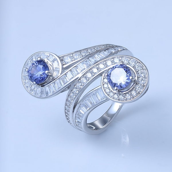 anello tormanite blu cz rodiato su sterlina 2 pietre a forma libera 
