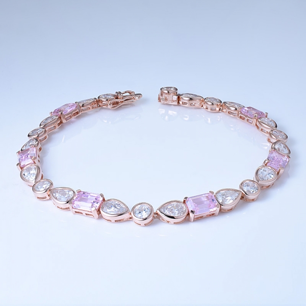 diamante rosa taglio smeraldo simula oro rosa 18 carati su bracciali con polsino in argento sterling 