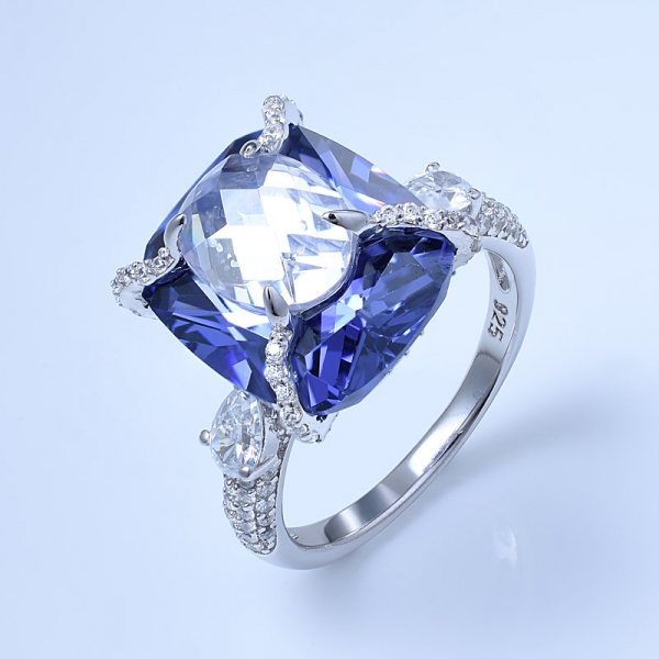 fantasia cuscino artigianale tanzanite blu anelli in argento sterling 925 a 2 pietre 