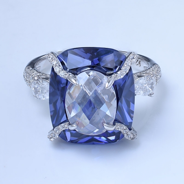 fantasia cuscino artigianale tanzanite blu anelli in argento sterling 925 a 2 pietre 