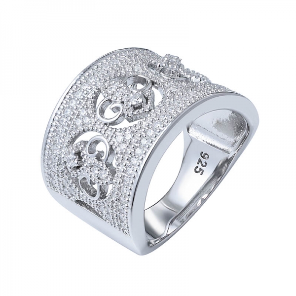 classici anelli placcati oro bianco con anello in argento sterling 925 a fascia larga pavé di Clear CZ 