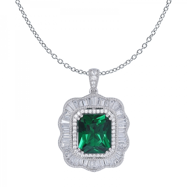8Ct Verde Smeraldo Sintetico Rettangolo a Forma di Sterling Silver Ciondolo Collana 