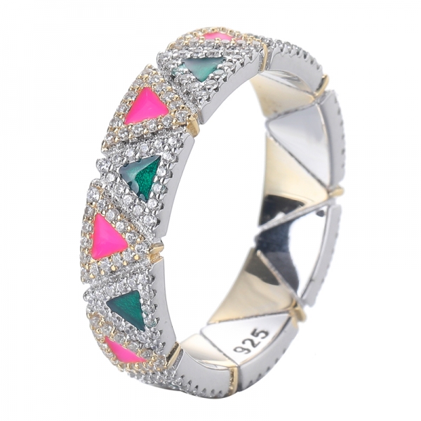 triangolo rosa e smalto verde giallo oro e rodio su anello in argento sterling 