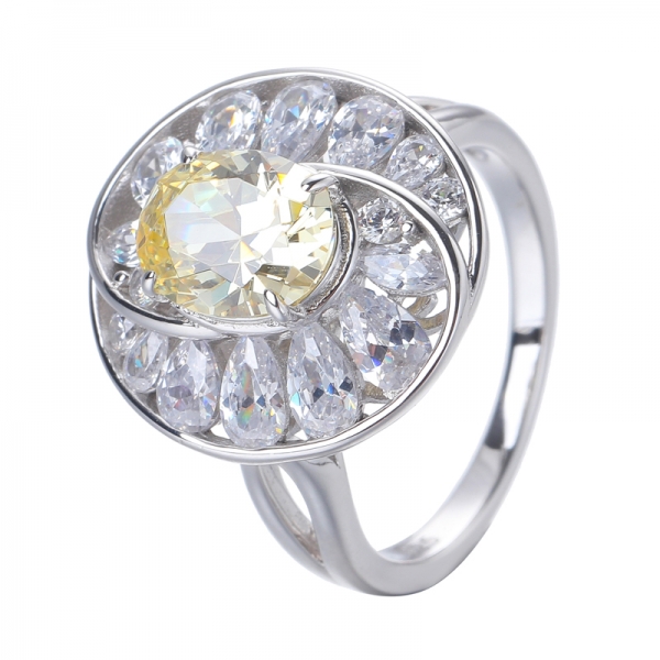anello in argento sterling con diamanti e zirconi cubici di colore giallo con rodio 