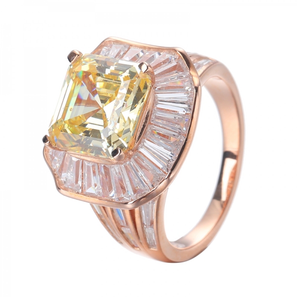  Asscher anello in argento sterling con zircone cubico canarino tagliato in oro rosa 