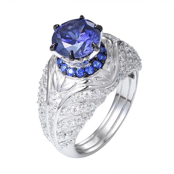  925 argento sterling 2.0ct tondo blu tanzanite  CZ anello di fidanzamento anniversario con zirconi 