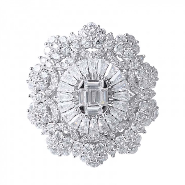 Anello a forma di fiore in argento sterling 925 con zirconi bianchi chiari e rodio 