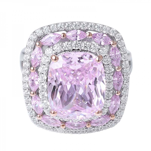 diamante rosa taglio cuscino Simulant rodio su anello aureola d'argento 