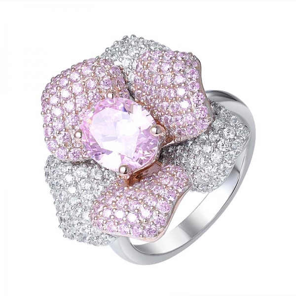 lab ha creato diamante rosa 2ctw anello con fiore rosa in argento rodiato a taglio ovale 