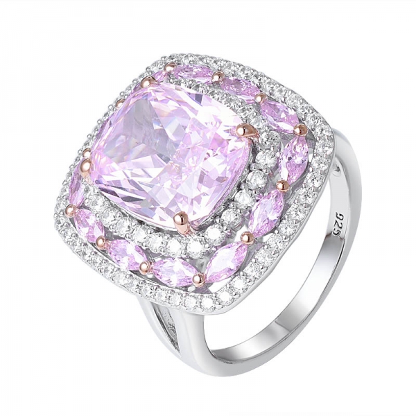 diamante rosa taglio cuscino Simulant rodio su anello aureola d'argento 