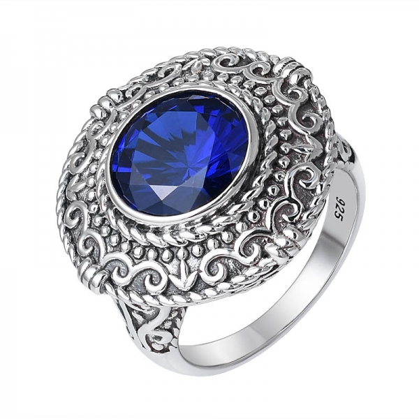 fornitore di anelli di gioielli in argento 925 placcato nero con zaffiro blu 