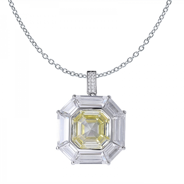 Taglio Asscher simula diamante giallo rodiato su ciondolo in cristallo argento sterling 