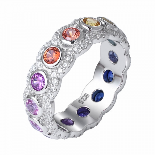 anello arcobaleno rotondo in zaffiro sintetico con pietra preziosa rodiata su argento 