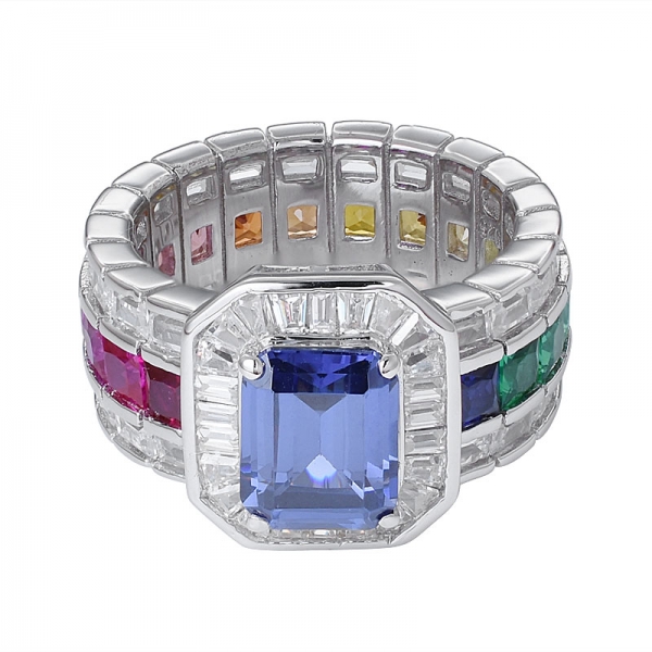 taglio smeraldo tanzanite pietra principale zaffiro sintetico gemma rodio su anello arcobaleno in argento 