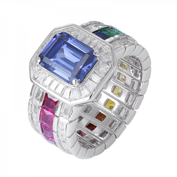 taglio smeraldo tanzanite pietra principale zaffiro sintetico gemma rodio su anello arcobaleno in argento 