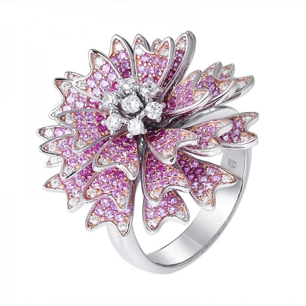  925 sterlina argento anello a forma di fiore placcato in corindone rubino 2 toni 