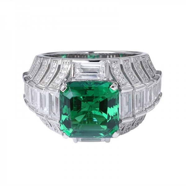  Asscher creato rodio verde smeraldo su anello nuziale in argento sterling 