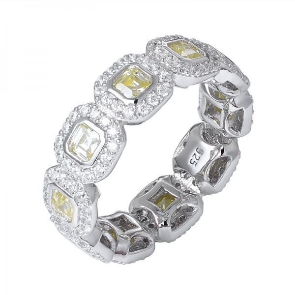 giallo cz diamante asscher anello eternity in argento sterling con taglio rodio 