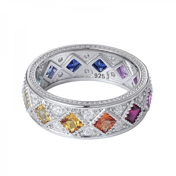 anello arcobaleno sintetico colorato zaffiro gemma taglio principessa rodio sull'eternità 