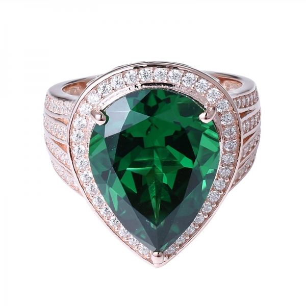 creato verde smeraldo a forma di pera oro rosa su anello di fidanzamento in argento sterling per le donne 