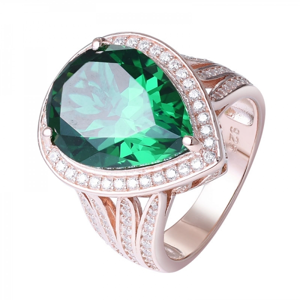 creato verde smeraldo a forma di pera oro rosa su anello di fidanzamento in argento sterling per le donne 