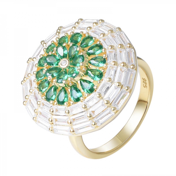 anello a grappolo in oro giallo smeraldo verde a forma di pera su argento sterling 