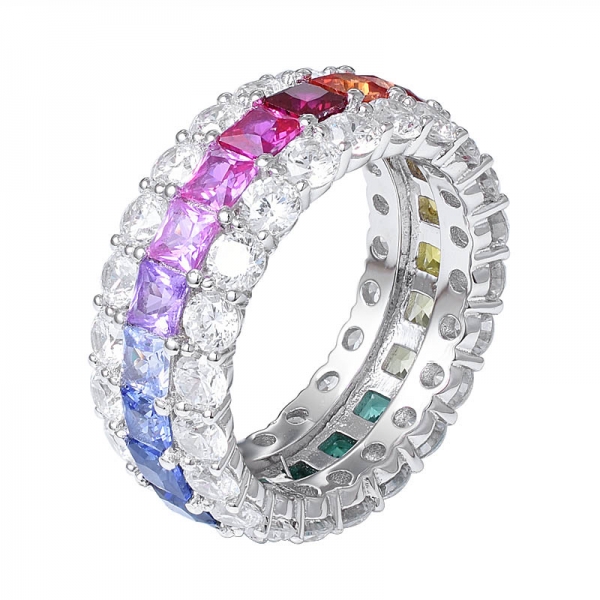 tre linee squadrate taglio quadrato sintetico colorato zaffiro gemma rodiata su argento sterling arcobaleno eternity ring 