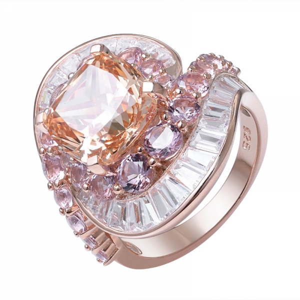 champagne taglio cuscino CZ 18K anello di fidanzamento in oro rosa su argento sterling 