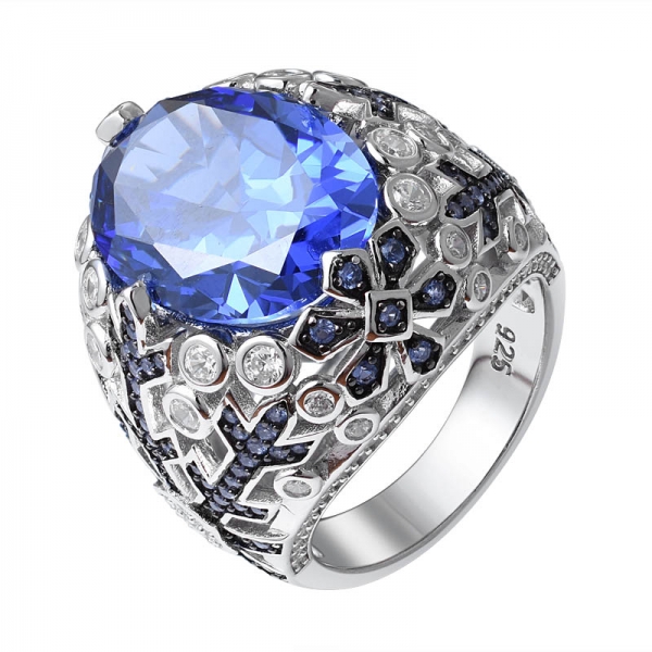 taglio ovale creato blu tanzanite pietra 2 tono placcato su anello di fidanzamento in argento sterling 