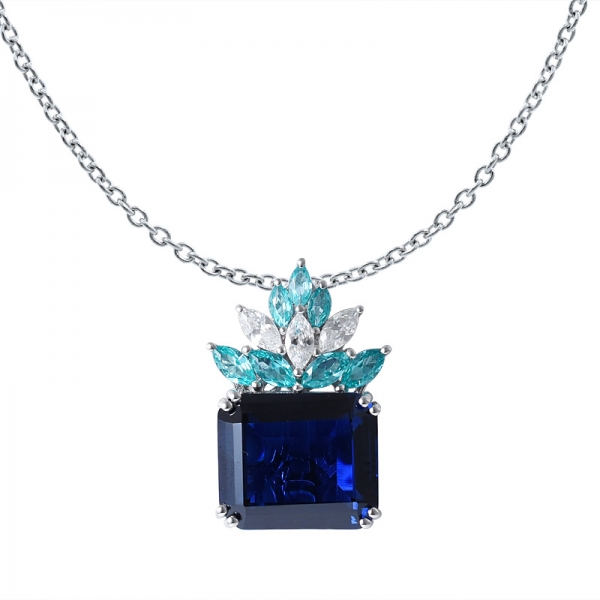 blu taglio smeraldo zaffiro e paraiba collana con pendente in argento 925 rodiato su argento 