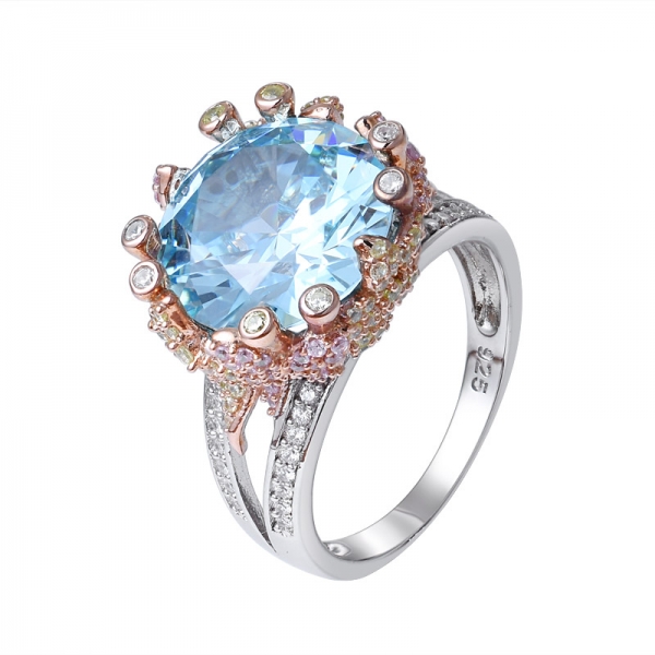8 carati blu acquamarina simulata rodio taglio rotondo su anello in argento sterling 