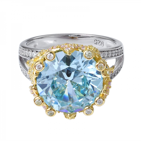 8 carati blu acquamarina simulata rodio taglio rotondo su anello in argento sterling 