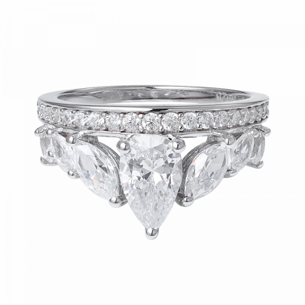 anello corona in argento sterling all'ingrosso con zirconi bianchi tagliati a pera 