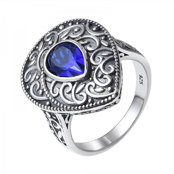 1 carato taglio goccia creato artigianalmente blu zaffiro nero su anello in argento sterling 