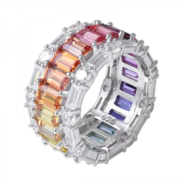 anello arcobaleno a 3 linee in argento sterling con zaffiro sintetico taglio baguette rodio 