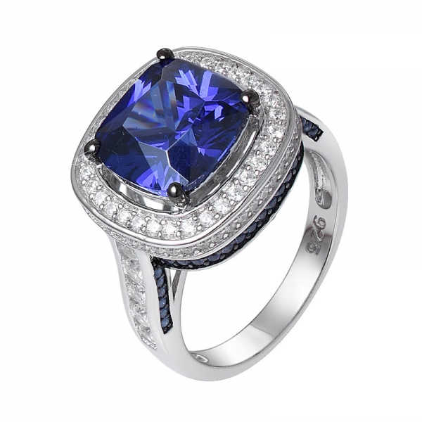 taglio cuscino simulato blu Tanzanite rotondo chiaro CZ placcato tono nero 925 anello in argento sterling 