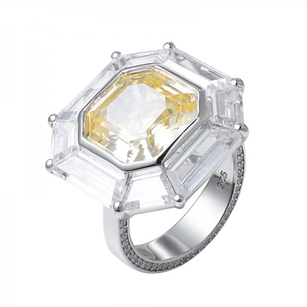  Asscher taglio simulato diamante giallo rodio su anello a fascia in argento sterling 